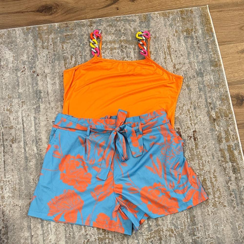SHEIN Orange and Blue Floral High Waist Shorts